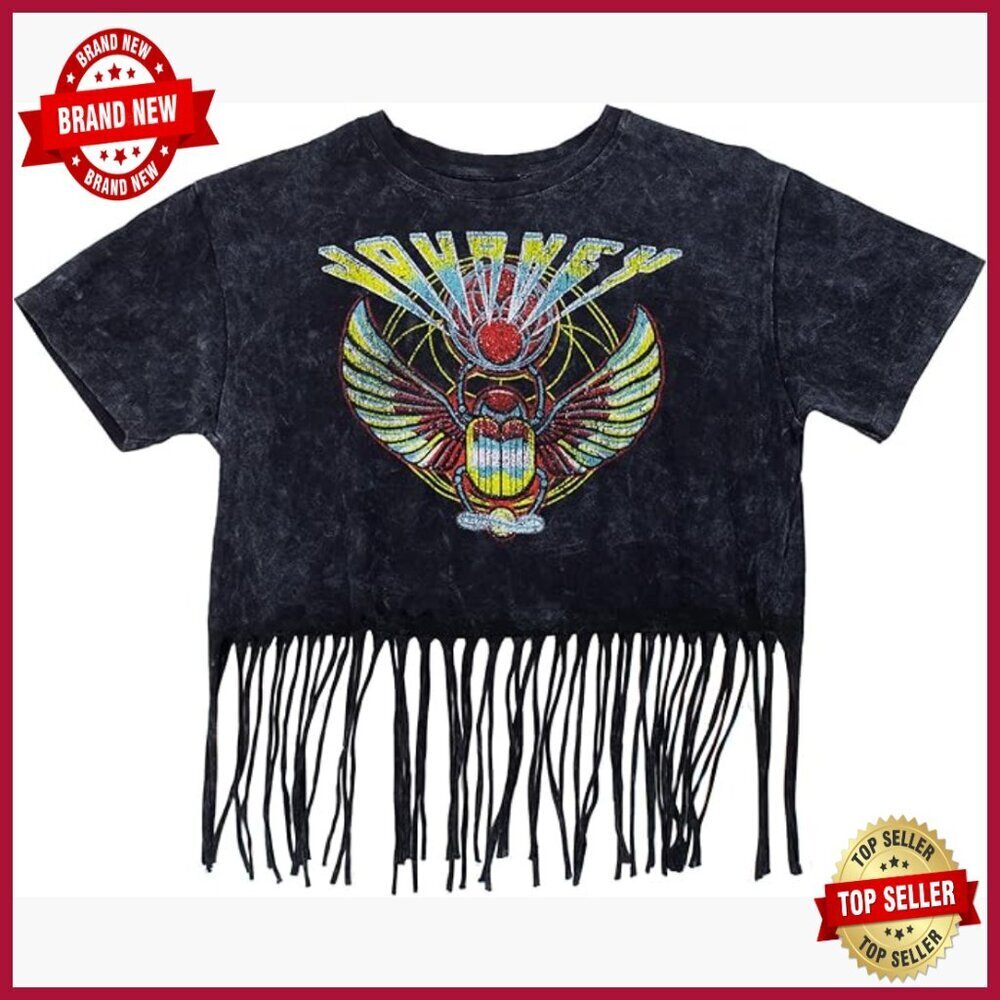 Cropped Fringe Vintage Band Graphic Tee, Distressed Journey Logo, Slim Fit